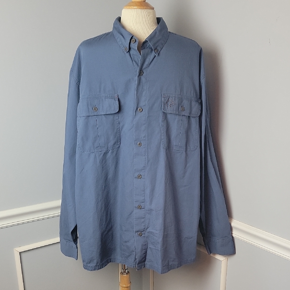 DUCKS UNLIMITED Men's Blue Back Vent Cotton Hunting Casual Button Down Shirt 2XL